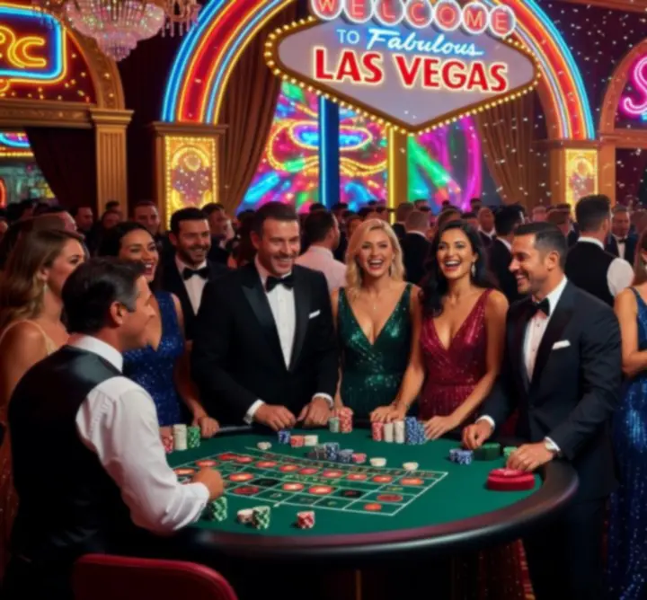 Wydarzenie w stylu Las Vegas z kasynowymi stołami i światłami